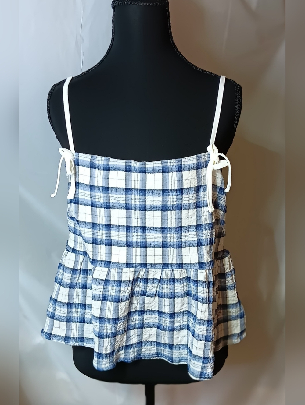 Planet Earth Juniors L Blue Plaid Tie-Strap Peplum Cami Top